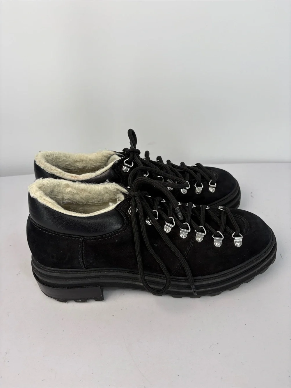 🪃 Schutz Black Suede Lace-Up Faux Shearling Lined Hikers Lucille